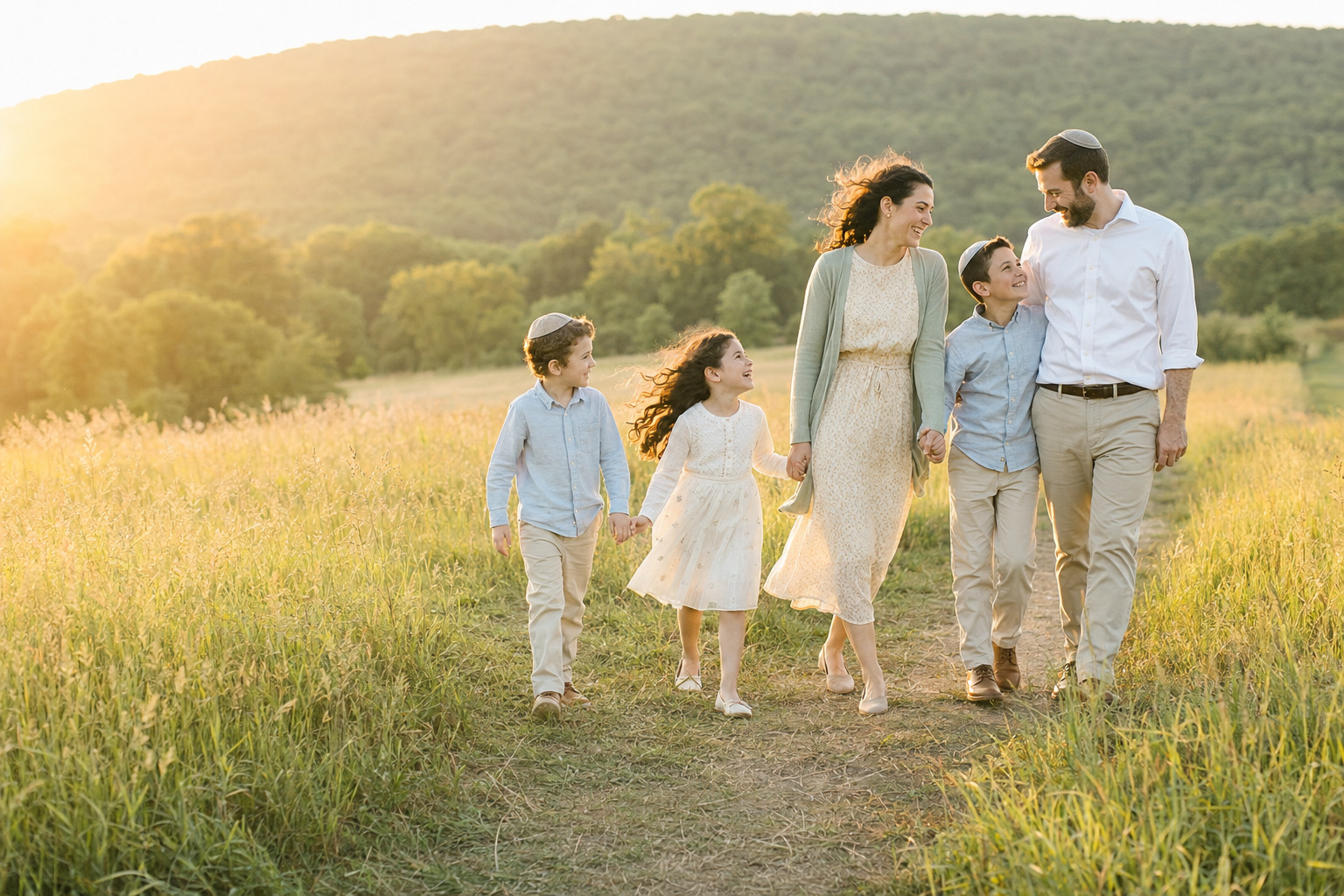 A family gathered closely together in warm evening light